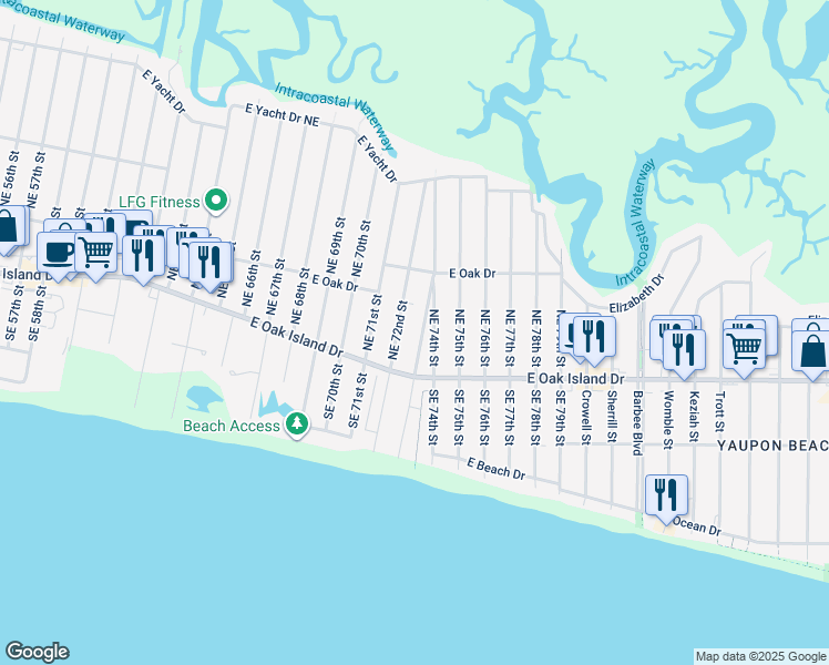 map of restaurants, bars, coffee shops, grocery stores, and more near 113 Northeast 73rd Street in Oak Island
