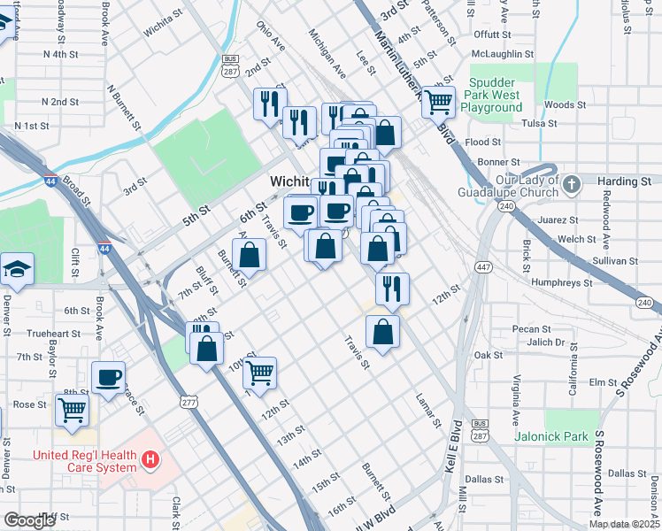 map of restaurants, bars, coffee shops, grocery stores, and more near 898 Lamar Street in Wichita Falls