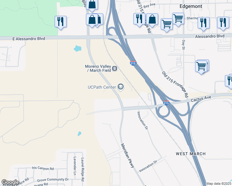 map of restaurants, bars, coffee shops, grocery stores, and more near 14400 Meridian Parkway in March Air Reserve Base