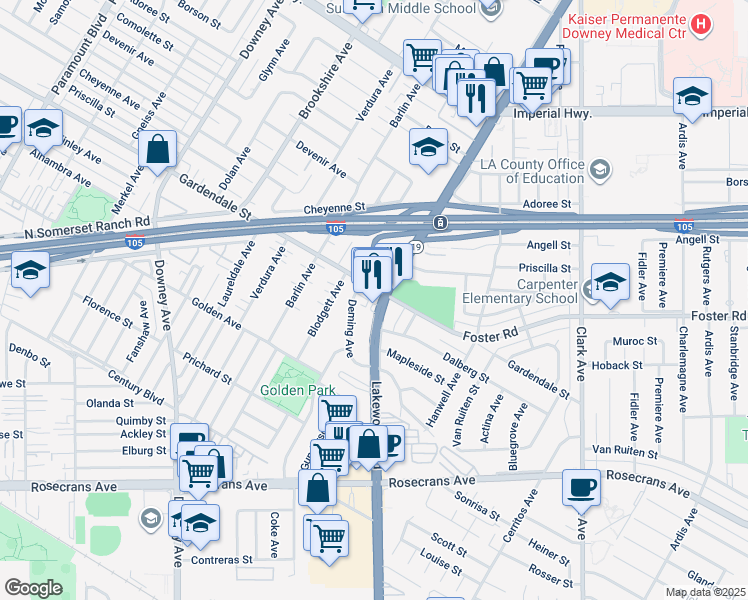 map of restaurants, bars, coffee shops, grocery stores, and more near 13105 Lakewood Boulevard in Downey