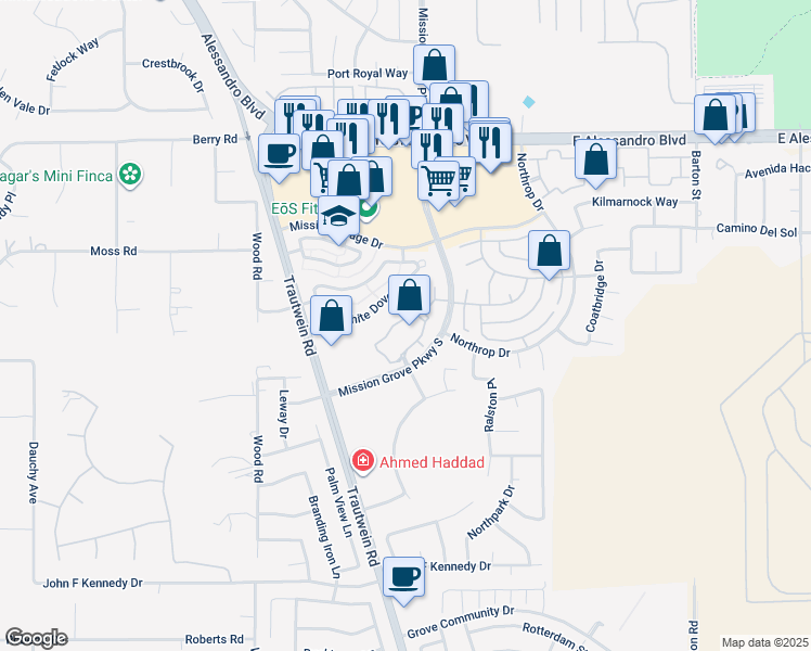 map of restaurants, bars, coffee shops, grocery stores, and more near 7871 Mission Grove Parkway South in Riverside