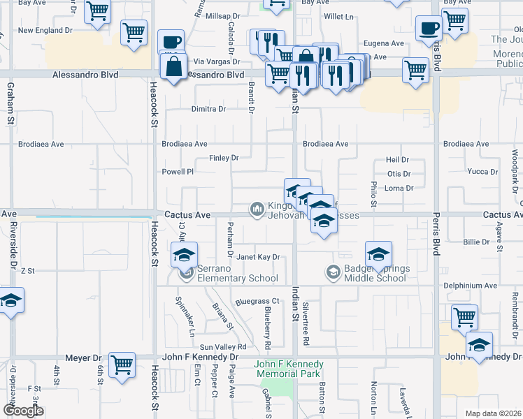map of restaurants, bars, coffee shops, grocery stores, and more near 24385 Bostwick Drive in Moreno Valley