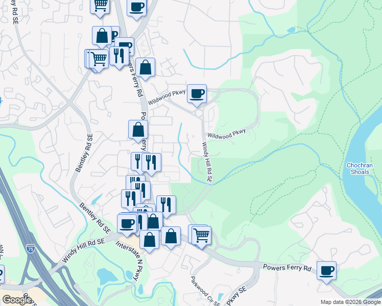 map of restaurants, bars, coffee shops, grocery stores, and more near 3098 Woodwalk Drive in Atlanta