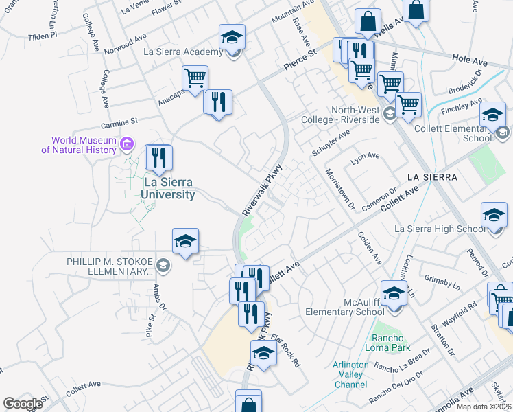 map of restaurants, bars, coffee shops, grocery stores, and more near 11521 Bridge Bay Drive in Riverside