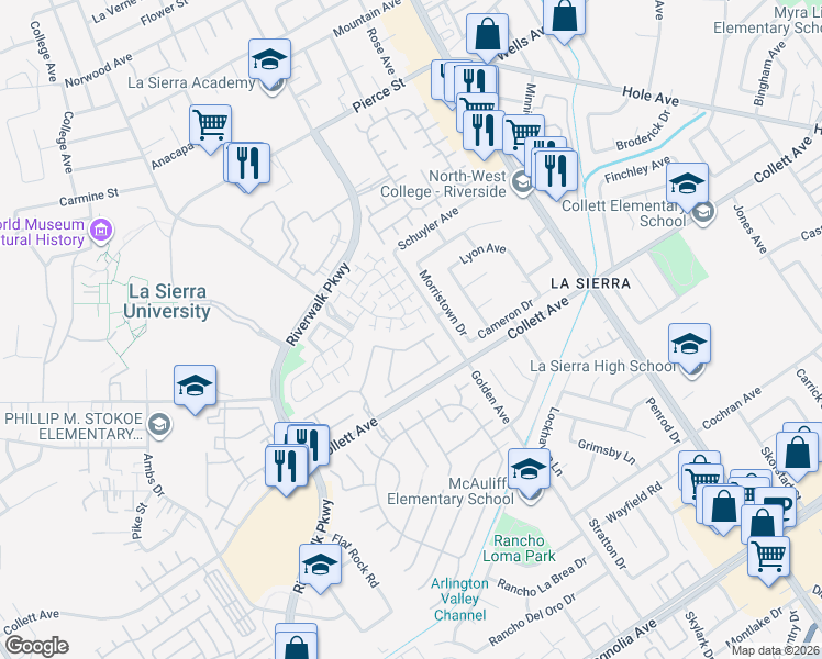 map of restaurants, bars, coffee shops, grocery stores, and more near 4437 Watermoor Drive in Riverside
