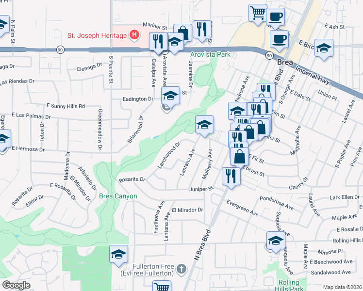 map of restaurants, bars, coffee shops, grocery stores, and more near 716 Larchwood Drive in Brea