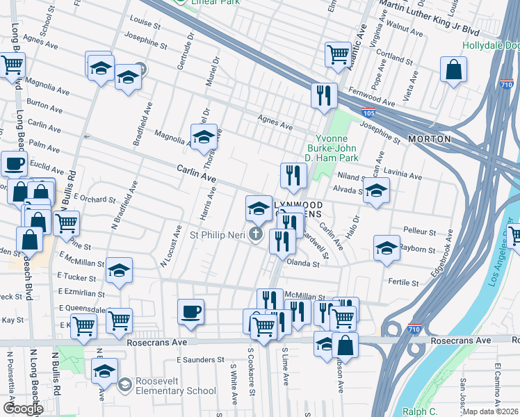 map of restaurants, bars, coffee shops, grocery stores, and more near 12416 North Stoneacre Avenue in Compton