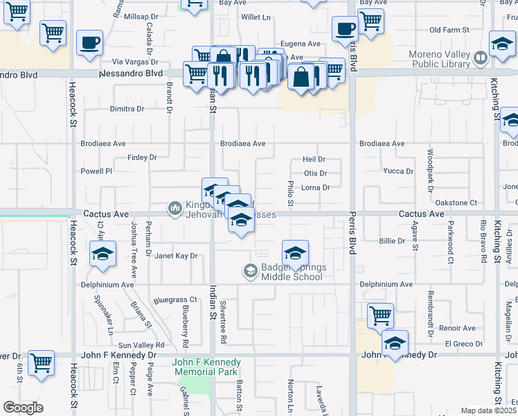 map of restaurants, bars, coffee shops, grocery stores, and more near 24657 Merit Court in Moreno Valley