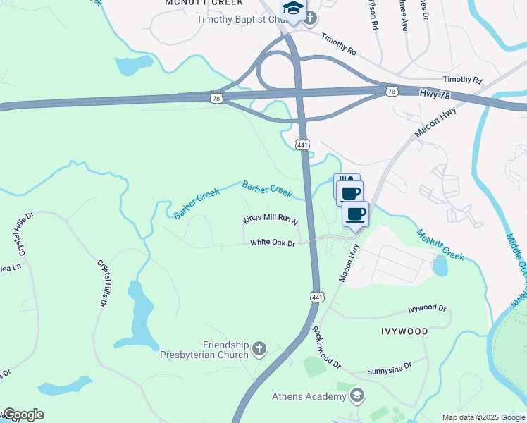 map of restaurants, bars, coffee shops, grocery stores, and more near 1001 Alpine Court in Athens