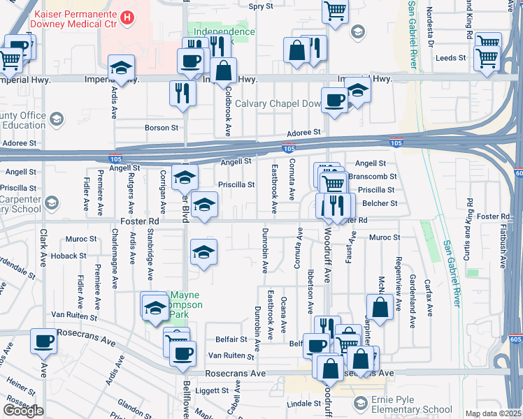 map of restaurants, bars, coffee shops, grocery stores, and more near 13244 Dunrobin Avenue in Downey