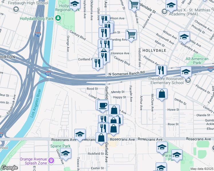 map of restaurants, bars, coffee shops, grocery stores, and more near 13724 Garfield Avenue in Paramount