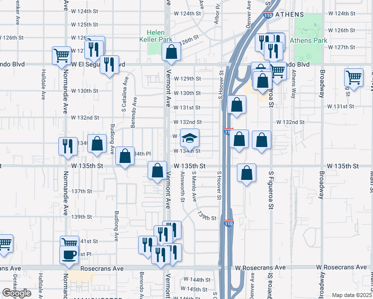 map of restaurants, bars, coffee shops, grocery stores, and more near 815 West 134th Street in Gardena