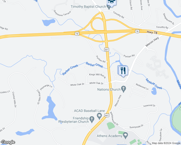 map of restaurants, bars, coffee shops, grocery stores, and more near 1110 Kings Mill Run North in Athens