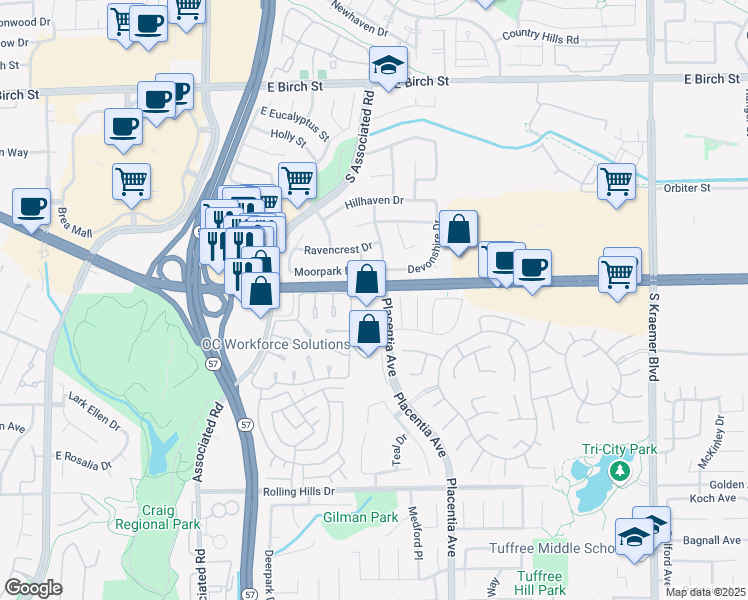 map of restaurants, bars, coffee shops, grocery stores, and more near 1800 East Imperial Highway in Brea
