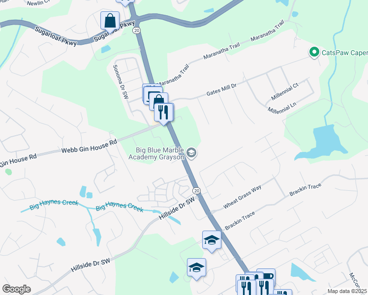 map of restaurants, bars, coffee shops, grocery stores, and more near 1466 Grayson Highway in Lawrenceville