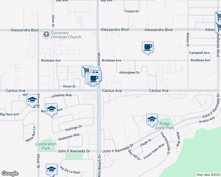 map of restaurants, bars, coffee shops, grocery stores, and more near 28070 Cactus Avenue in Moreno Valley