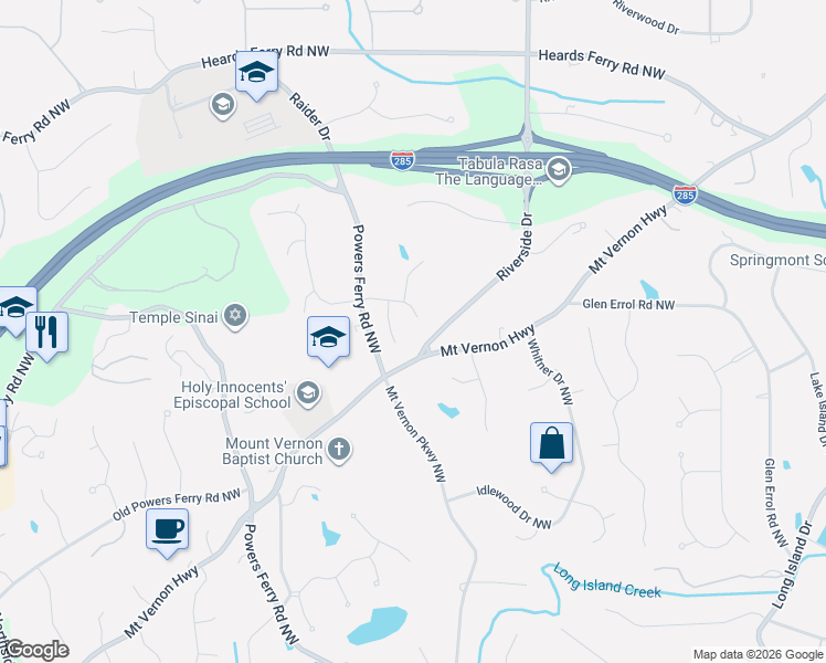 map of restaurants, bars, coffee shops, grocery stores, and more near 740 Riley Place Northwest in Sandy Springs