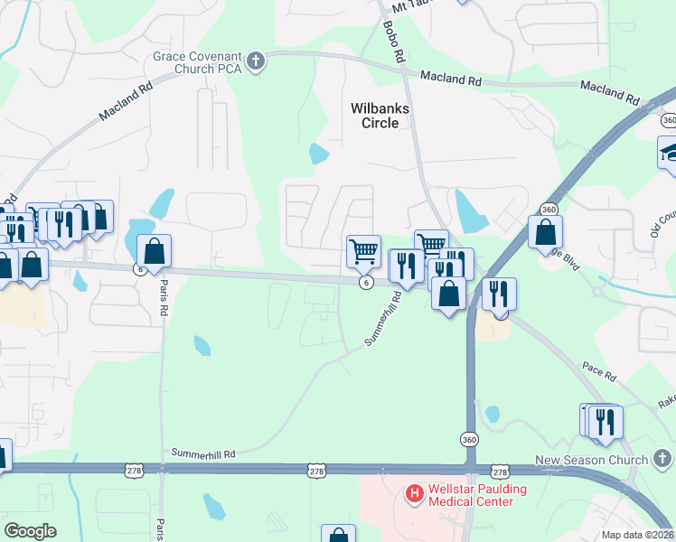 map of restaurants, bars, coffee shops, grocery stores, and more near 53 Granite Court in Dallas