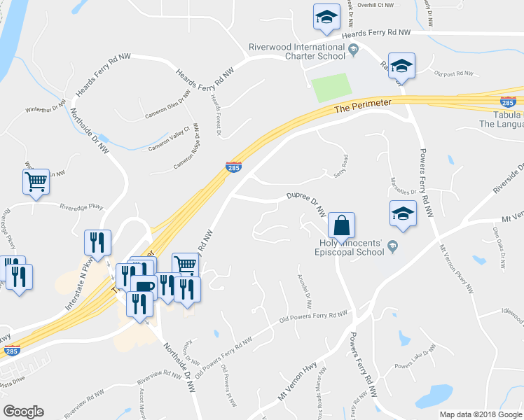 map of restaurants, bars, coffee shops, grocery stores, and more near 111 Bainbridge Drive Northwest in Atlanta