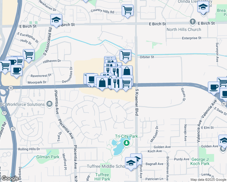 map of restaurants, bars, coffee shops, grocery stores, and more near 2500 East Imperial Highway in Brea