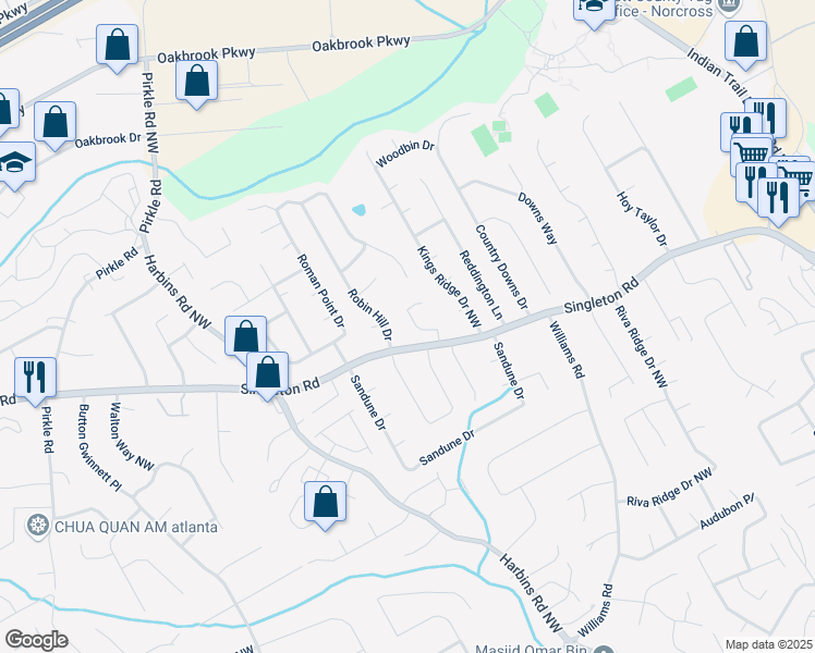 map of restaurants, bars, coffee shops, grocery stores, and more near 1357 Robin Hill Drive in Norcross
