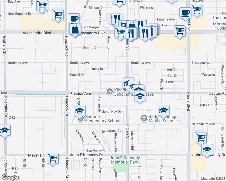 map of restaurants, bars, coffee shops, grocery stores, and more near 24385 Bostwick Drive in Moreno Valley
