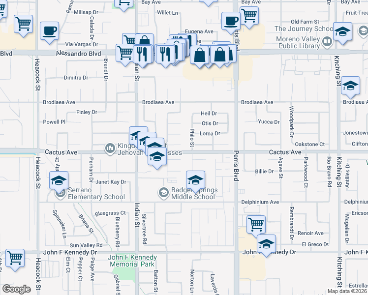 map of restaurants, bars, coffee shops, grocery stores, and more near 24731 Merit Court in Moreno Valley
