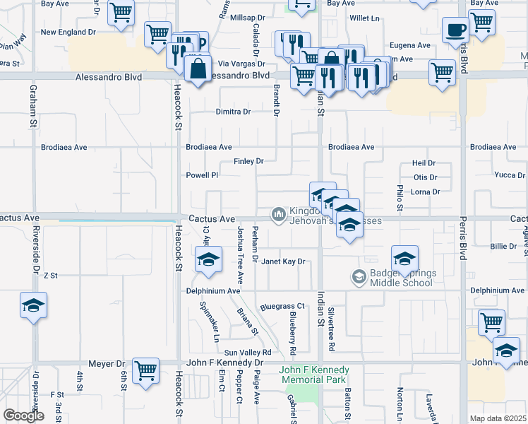 map of restaurants, bars, coffee shops, grocery stores, and more near 24291 Bostwick Drive in Moreno Valley