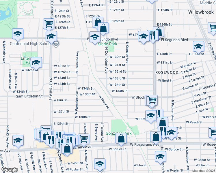 map of restaurants, bars, coffee shops, grocery stores, and more near 1242 West 134th Street in Compton