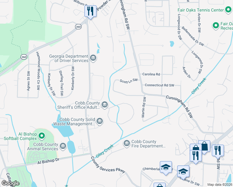 map of restaurants, bars, coffee shops, grocery stores, and more near 857 Scott Lane Southwest in Marietta