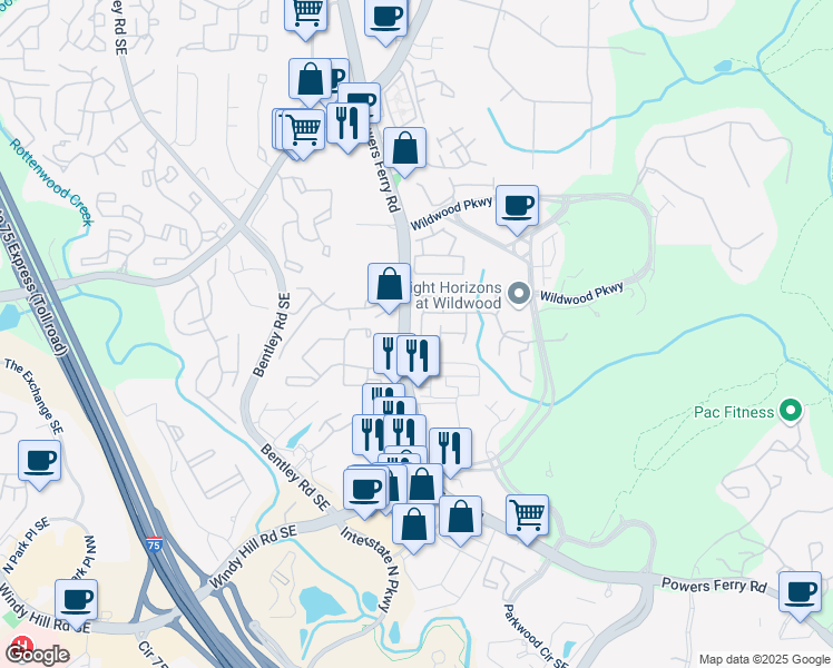 map of restaurants, bars, coffee shops, grocery stores, and more near 3025 Woodwalk Drive in Atlanta
