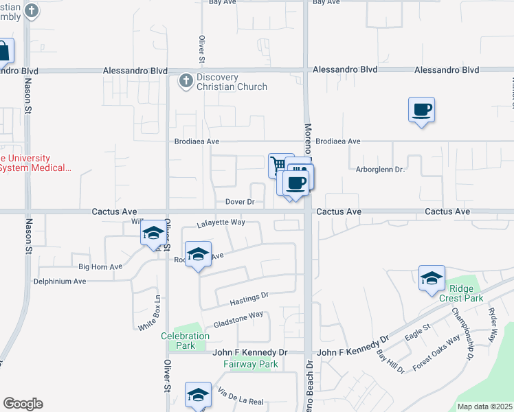 map of restaurants, bars, coffee shops, grocery stores, and more near 27827 Dover Drive in Moreno Valley