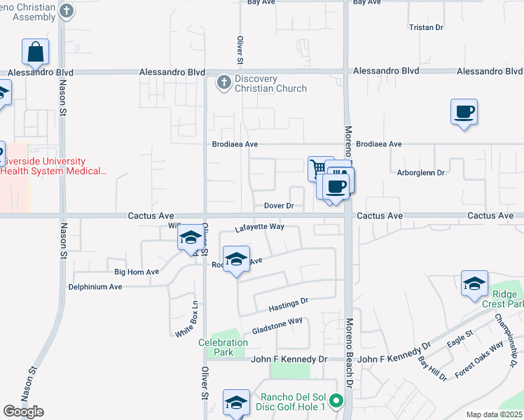 map of restaurants, bars, coffee shops, grocery stores, and more near 27701 Dover Drive in Moreno Valley