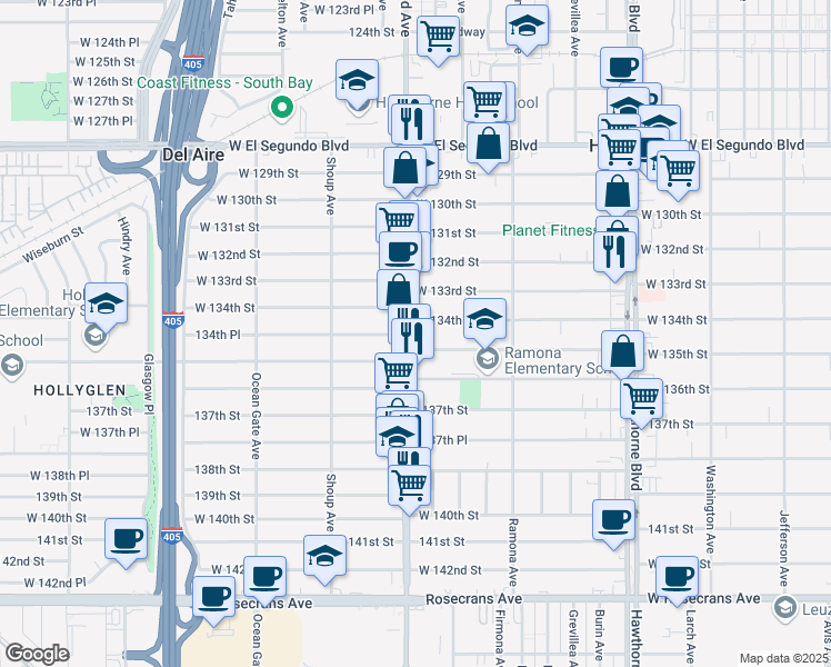 map of restaurants, bars, coffee shops, grocery stores, and more near 13426 South Inglewood Avenue in Hawthorne