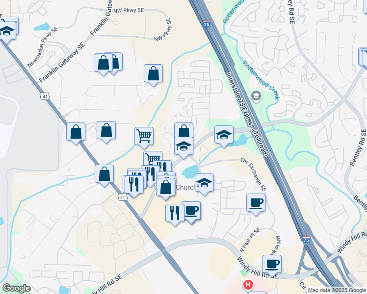 map of restaurants, bars, coffee shops, grocery stores, and more near 1716 Waterfall Village Drive Southeast in Marietta