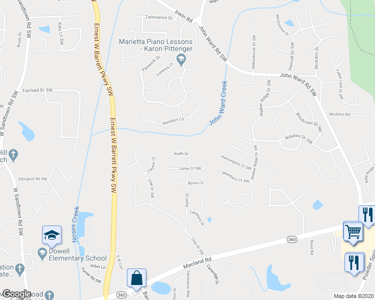 map of restaurants, bars, coffee shops, grocery stores, and more near 1865 Keith Drive Southwest in Marietta