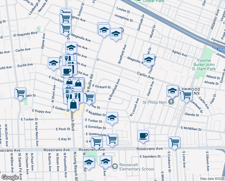 map of restaurants, bars, coffee shops, grocery stores, and more near 1712 East Orchard Street in Compton