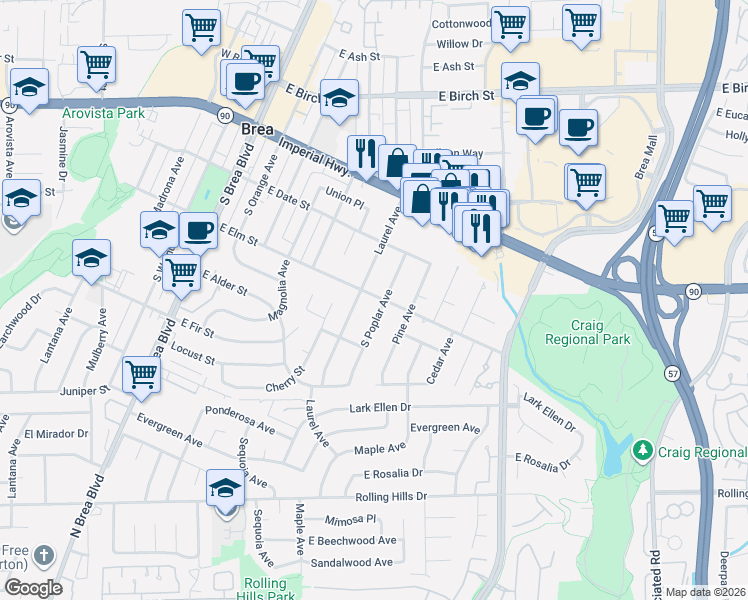 map of restaurants, bars, coffee shops, grocery stores, and more near 708 East Elm Street in Brea