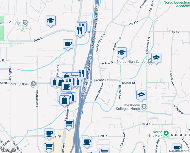map of restaurants, bars, coffee shops, grocery stores, and more near 1982 Valley View Avenue in Norco