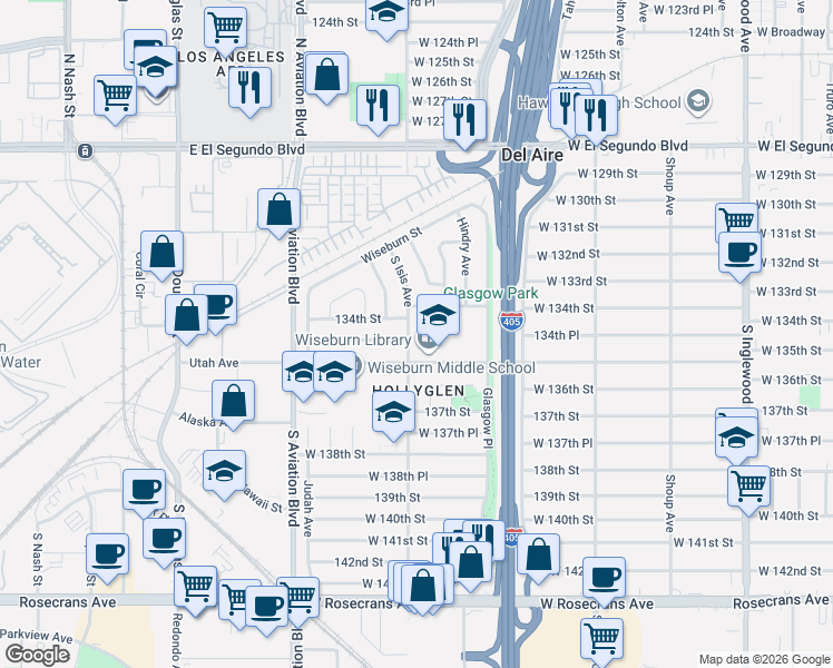 map of restaurants, bars, coffee shops, grocery stores, and more near 13418 Isis Avenue in Hawthorne