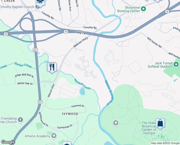 map of restaurants, bars, coffee shops, grocery stores, and more near 1005 Macon Highway in Athens