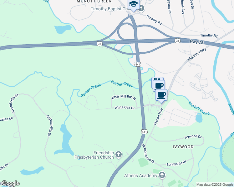 map of restaurants, bars, coffee shops, grocery stores, and more near 1001 Alpine Court in Athens