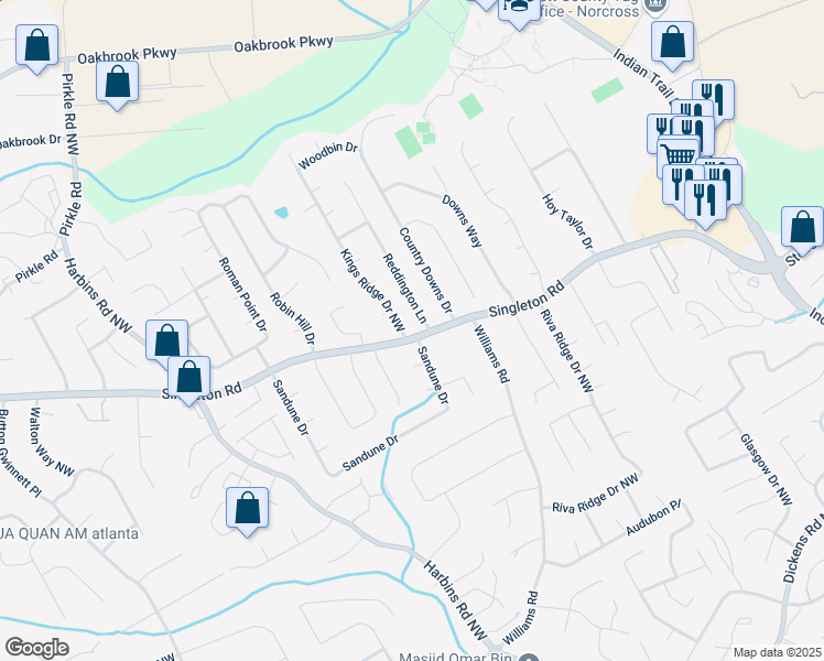 map of restaurants, bars, coffee shops, grocery stores, and more near 1312 Kings Ridge Drive Northwest in Norcross