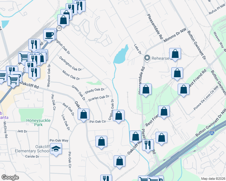 map of restaurants, bars, coffee shops, grocery stores, and more near 4011 English Oak Drive in Doraville