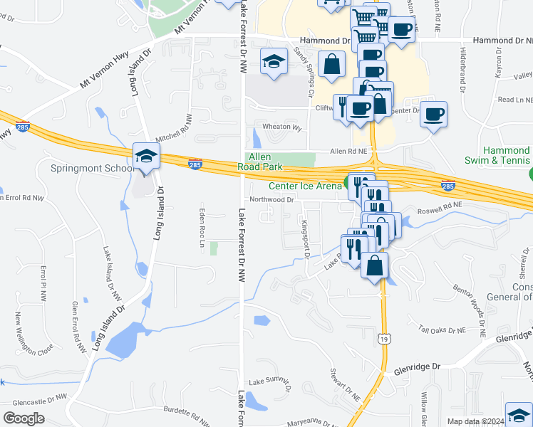 map of restaurants, bars, coffee shops, grocery stores, and more near 55 Northwood Drive in Atlanta