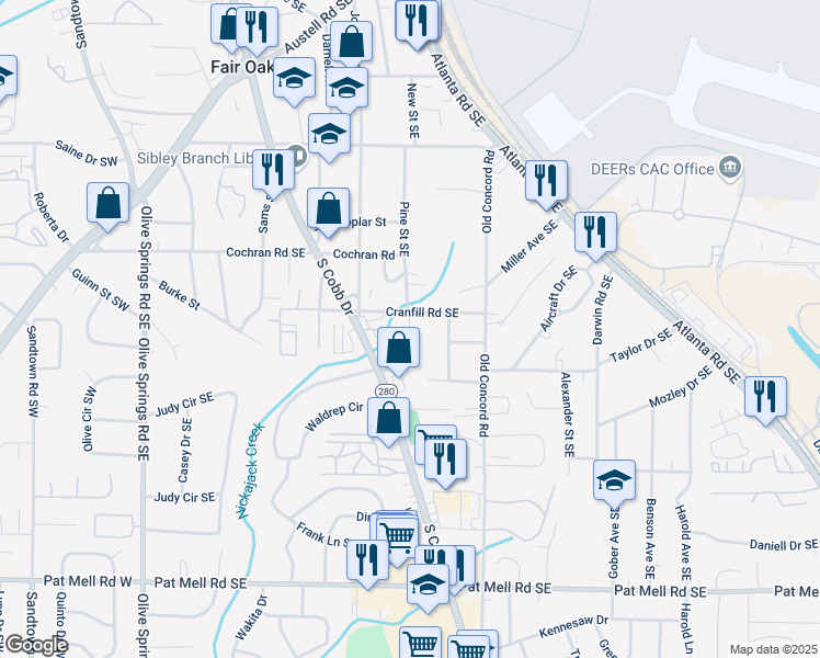 map of restaurants, bars, coffee shops, grocery stores, and more near 354 Cranfill Road Southeast in Marietta