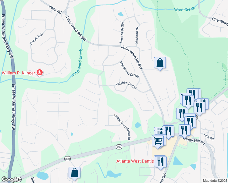 map of restaurants, bars, coffee shops, grocery stores, and more near 1828 Windcrest Circle South West in Marietta