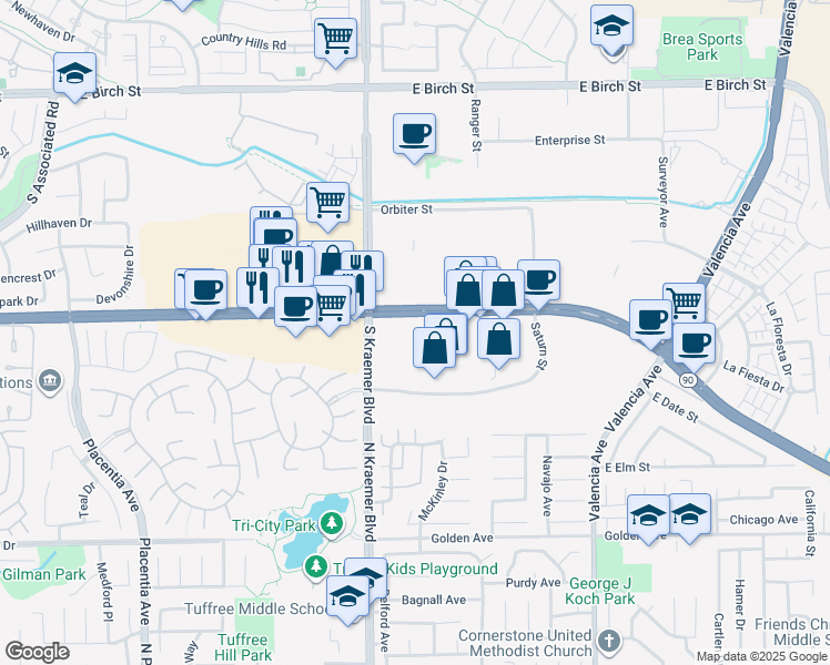 map of restaurants, bars, coffee shops, grocery stores, and more near 2650 East Imperial Highway in Brea