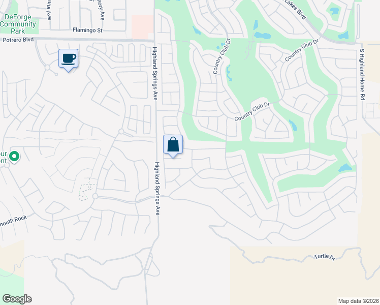 map of restaurants, bars, coffee shops, grocery stores, and more near 6112 Turnberry Drive in Banning