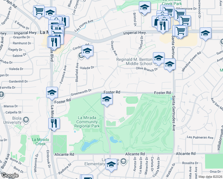 map of restaurants, bars, coffee shops, grocery stores, and more near 13210 Avenida Socorro in La Mirada